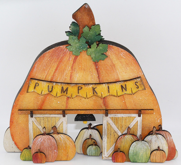 Große Holz Kürbis Scheune, weiß grünbraun, orange, 21 cm x 3 x 19cm, Handarbeit