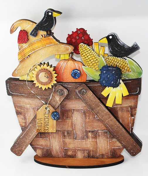 Steckmotiv Herbst (Vogelscheuche, Raben, Kürbis, Mais, Sonnenblume) für den großen Holzkorb, 19x11 cm