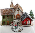 Skandinavisches Weihnachtsdorf - Holzhaus rot/schwarz, mit Tanne, h 11 cm, handbemalt, Beleuchtung möglich