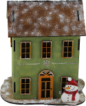 Skandinavisches Weihnachtsdorf - großes Holzhaus grün mit Schneemann, h 17 cm, handbemalt, Beleuchtung möglich