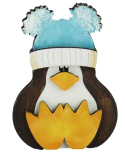 Holz Pinguin sitzend mit hellblauer Pudel-Mütze, H 8 cm