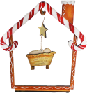 Display Lebkuchenhaus mit Holzornament Jesus in Krippe/goldener Stern, h 30 cm, handbemalt, braun, weiß, rot