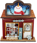 Bundle Holzdisplay Holzhaus dunkelrot für austauschbar Motive + Motiv-Set Schneemann, 23x7x25,5 cm