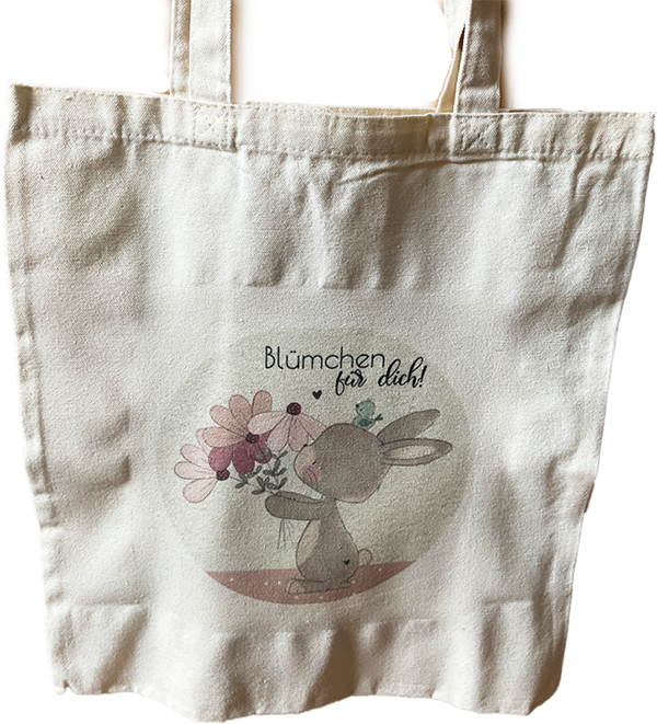 Stofftasche / Einkaufstasche Hase mit Blümchen, cremeweiß/ rosé braun, 35 x 38,5cm