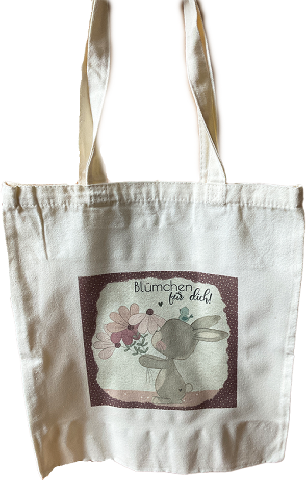 Stofftasche / Einkaufstasche Hase mit Blümchen, cremeweiß/ rosé braun, 35 x 38,5cm