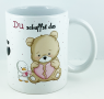 Tasse Trostpflaster Bär mit gebrochenem Herzen und Küken mit Pflaster, 8,2 x 9,6 cm, weiß
