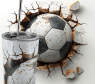 Tumblerbild Fußball zerstörrt die Wand, Loch in der Wand, Tumbler mit Trinkhalm aus Metall