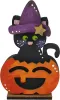 Halloween Katze mit Kürbis und lila Hut mit Stern, schwarz, lila, orange, handbemalt, h 8 cm