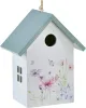 Hänger, Vogelhaus Frühling mit Blumen, weiß, türkis, Holz, h 19 cm