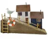 Häuser am Steg mit Möwe, rot/weißen Rettungsring und Segelboot, 25x6xH16cm