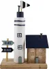 Holz Leuchturm mit Haus und Wegweiser, 12x5xH18cm, blau weiß