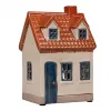 Det Gamle Apotek kleines Keramik Haus beige für Teelicht, H 15cm, blaugraue Tür, Fenster, rotes Dach