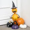 Halloween orangener Metall Kürbismann mit schwarzem Hexenhut H 42 cm