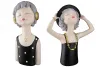 Gilde 2 Figuren Frauen Lady Ella mit Hut oder Kopfhörern, h 23-24 cm grau, schwarz