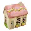 1 kleines Teelicht Keramikhaus Windlicht rosa Dach mit Wimpelkette Blumen H 14cm