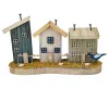 Maritime Häuserreihe mit 3 Holzhäuschen und Vogel, 26x7xH16cm, blau-weiß-natur