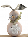 Holz - Osterhase Kind mit goldenen Metallic Kunstlederohren/Blume/beige, h 6 cm