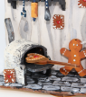Weihnachtsbäckerei, Miniaturküche mit altem Holzofen, Lebkuchen, Köchin, zum Stellen oder Hängen, handbemalt