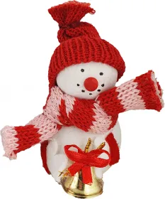 Großer Schneemann mit Glocke, rot/rosa gestreifter Schal, H 9 cm, Kranzfigur Großer Schneemann mit Glocke, rot/rosa gestreifter Schal, H 9 cm, Kranzfigur