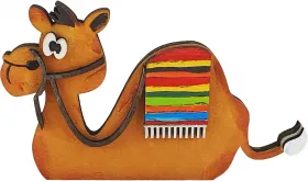 Holz Kranzfigur Kamel mit bunter Fansen-Decke, handbemalt, h 6,5 cm L 10 cm, hellbraun