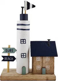 Holz Leuchturm mit Haus und Wegweiser, 12x5xH18cm, blau weiß Holz Leuchturm mit Haus und Wegweiser, 12x5xH18cm, blau weiß
