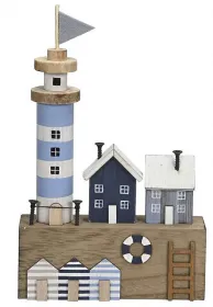 Leuchtturm mit 2 Häusern und Badehäusern, Leiter, blau weiß, 15x4xH25cm Leuchtturm mit 2 Häusern und Badehäusern, Leiter, blau weiß, 15x4xH25cm