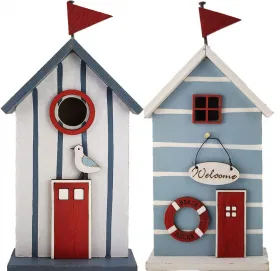 2 Holz Strandhäuser / Badehäuser mit Flagge, Rettungsring, Möwe, blau, weiß, h 20,5 cm 2 Holz Strandhäuser / Badehäuser mit Flagge, Rettungsring, Möwe, blau, weiß, h 20,5 cm