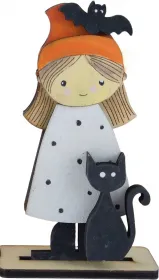 Halloween girl with cat bat candlering figure Sebastian wooden wreath h h 9 cm white black Halloween girl with cat bat candlering figure Sebastian wooden wreath h h 9 cm white black