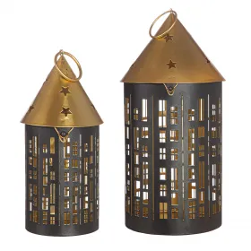 Gilde Lantern House Round 'Rondo' Stars Black Gold Colored H 19/30 cm x-mas Decoration