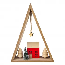 Baum Rahmen mit LED Haus Tannen Stern rot natur H 28cm Weihnachtsdeko