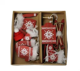 Weihnachtshänger Dekoset 6-teilig rot weiß Ski Schlitten Mütze Handschuhe Pulli Schlittschuhe H 6-10 cm
