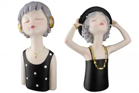 Gilde 2 figurines, female, Lady Ella, with hat or headphones, height 23-24 cm, grey, black