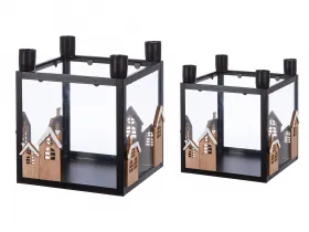Gilde Advent candle holder, square, 'Winter Snow', black, winter houses, H 42 cm