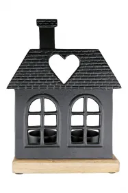 Gilde tealight holder house with heart-shaped roof, black natural finish, h 20 cm