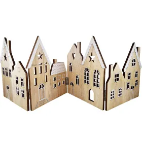 Wooden row of houses, foldable, white-natural, with snow roofs, 56 x 16.5 cm