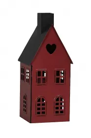 Red house-shaped lantern with red window and heart, 9x8xH21cm, iron