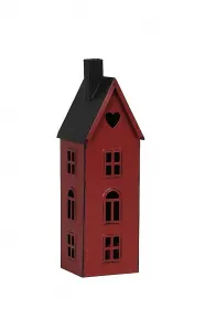 Red house-shaped lantern with red window and heart,7.5 x 7 x 23 cm, iron