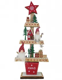Tree on stand with gnomes, fir trees, gifts, little house, wooden decoration, h 29.5 cm