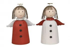 Großer Holzengel weiß/rot, mit Kragen mit Tupfen, H 14,5 cm, Metallflügel