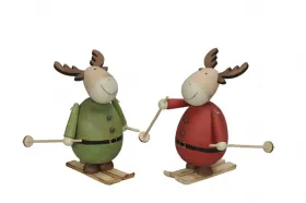 2 große Holzelche auf Skiern rot und grün h 14 cm