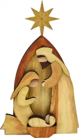 Wooden nativity scene figure with golden star, Mary, Joseph, Jesus, brown and gold, 14 cm high, hand-painted