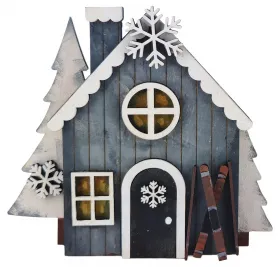 Kranzfigur Winterhaus Schneehaus Ski Schneetannen Schneeflocken grau h 10 cm