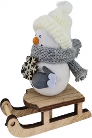 Kranzfigur Schneemann auf Schlitten mit Glitzerschneeflocke weiß grau H 10 cm