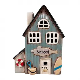 Det Gamle Apotek maritimes Teelicht Keramikhaus Schild Seafood grau hellblau H 23 cm