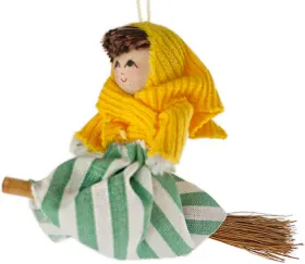 Schwedische kleine Osterhexe mit Besen hellgrün gelb H 5 cm L 10 cm zum Hängen