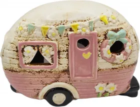 Keramik Wohnwagen für 1 Teelicht mit Wimpelkette, Blumen rosa weiß H 14 cm