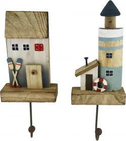 2er Set maritime Garderobe Haken mit Häusern und Leuchtturm H 22,5/25 cm