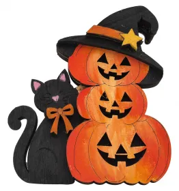 Kranzfigur Halloween Kürbis Pyramide Hexenhut Katze schwarz orange h 8 cm handbemalt